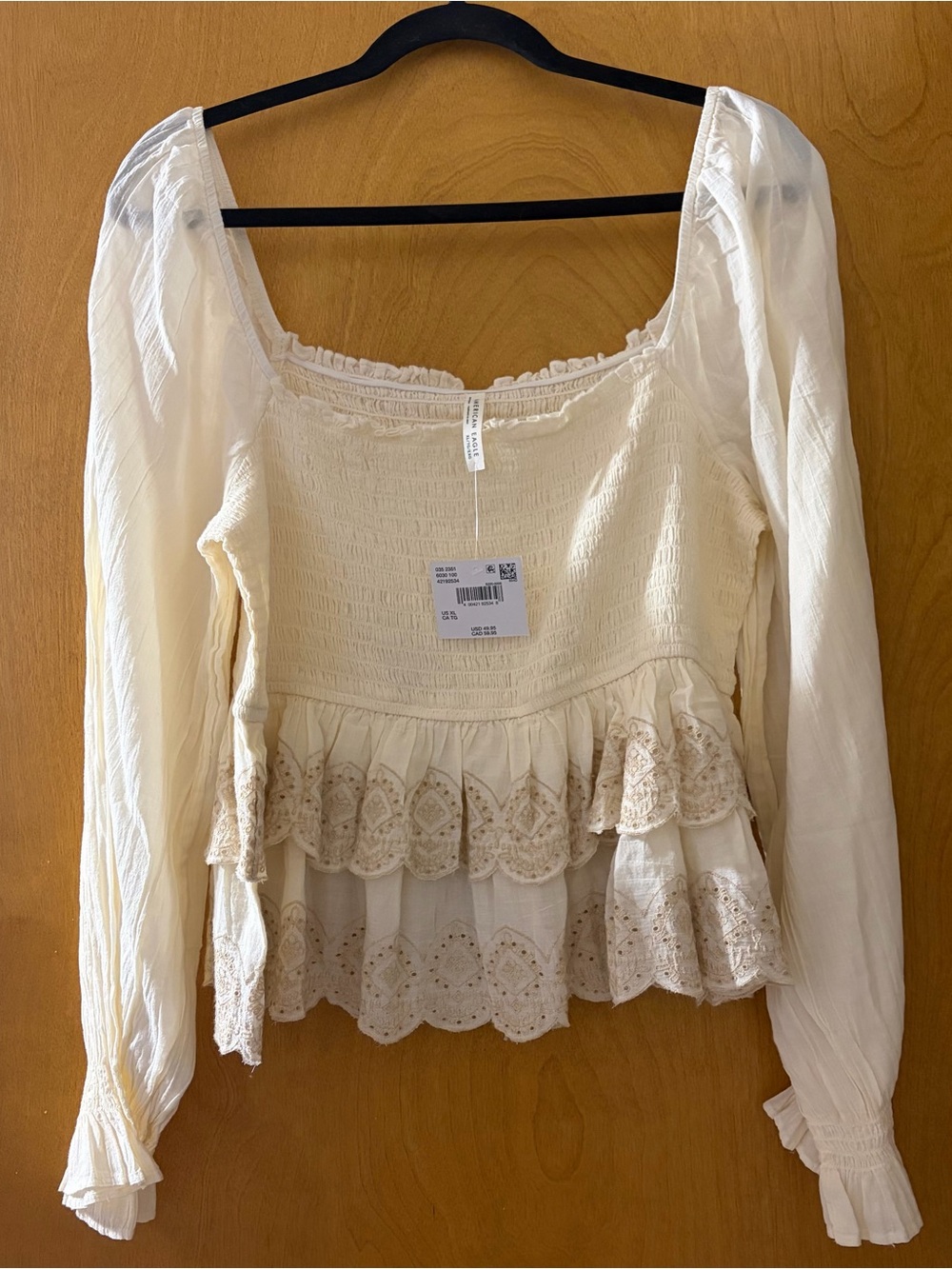 Cream Long-Sleeve Peasant Blouse with Eyelet Ruffle